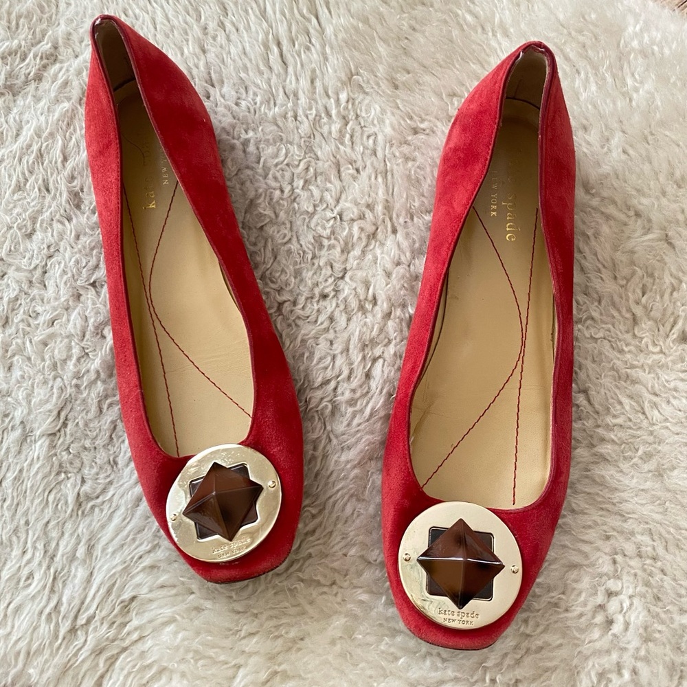 Kate Spade Red Suede Tortoise Shell Embellished Flats